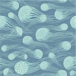 Seamless pattern with silhouette of jellyfish on a blue background. Underwater vector wallpaper.