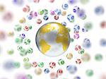 3d illustration of lottery balls and world. bearth surrounded with balls. added depth of field effect and isolated on white.