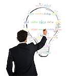 Businessman draws on the wall a big colored bulb with bright colors and business sketches