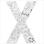 Hand-painted art design. Adult anti-stress coloring page. Black and white hand drawn illustration letter X for coloring book