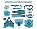 Freediving equipment collection on a white background. Mask and snorkel, fin and monofin, buoy and weight. Vector illustration of underwater sport.