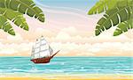 Traditional wooden sailboat and blue sea on a cloudy sky. Vector summer voyage.