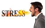 Businessman burns the word stress. stressed business life concept