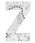 Hand-painted art design. Adult anti-stress coloring page. Black and white hand drawn illustration letter Z for coloring book