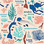 Vector seamless pattern with silhouette of divers, free divers, corals and fish on a pink background. Underwater sea wallpaper.