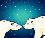 Vector with animal family - two cartoon polar bears on a night starry sky background. Arctic illustration.