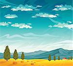 Rural landscape with yellow field  and mountains on a blue cloudy sky. Summer natural vector.
