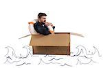 Afraid businessman with cardboard and lifebelt in the ocean