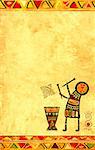 Dancing musician. Grunge background with African traditional patterns and paper texture of yellow color