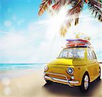 Start summertime vacation with an old yellow car on the beach. 3d rendering