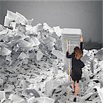 Businesswoman with paper sheet anywhere in office. Buried by bureaucracy concept.