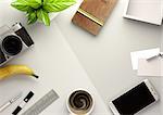 Top down view of a business desktop with a smartphone, office accessories,a journal, coffee and snacks. 3D illustration render.