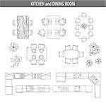 Set of linear icons for Interior top view plans. Isolated Vector Illustration. Furniture and elements for living room, dining room, kitchen, bathroom, office. Floor plan. Sketch of furniture