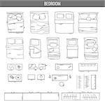 Set of linear icons for Interior top view plans. Isolated Vector Illustration. Furniture and elements for living room, bedroom, kitchen, bathroom, office. Floor plan. Sketch of furniture