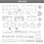 Set of linear icons for Interior top view plans. Isolated Vector Illustration. Furniture and elements for living room, bedroom, kitchen, office. Floor plan. Sketch of furniture