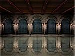 Dark medieval castle hall with iron railings.3d illustration.