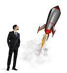 Startup of a new company of a businessman with starting rocket. Concept of business growth