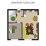 One bedroom apartment with hand-drawn furniture in top view. Vector illustration