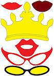 Party queen accessories woman set - glasses, crown, lips - for design, photo booth, scrapbook in vector