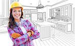 Female Construction Worker With Hard Hat, Gloves and Goggles In Front of Custom Kitchen Drawing
