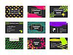 Set of Business Cards with hand drawn design elements made with ink in bright colors. Modern hipster style for identity design. Collection of creative cards with different textures.