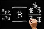 Hand writing Bitcoin Investment Concept with white chalk on blackboard.