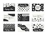 Set of Business Cards with hand drawn design elements made with ink in black, white and gold colors. Modern hipster style for identity design. Collection of creative cards with different textures.