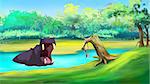 Big African Hippopotamus in a river yawn and open his mouth. Digital painting  cartoon style full color illustration.