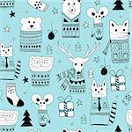 Vector Seamless Christmas Pattern with Doodle Animals in the Wood