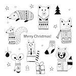 Vector Christmas  Doodle Animals: hedgehog, bear, squirrel, cat, fox, raccoon, and mouse