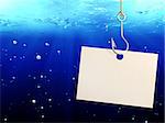 The underwater scene with empty sheet of a paper, hanging on a fishing hook and blue water with bubbles. 3d render