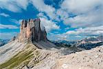 Europe, Italy, Dolomites, Veneto, Belluno. Tre Cime di Lavaredo seen from Lavaredo fork in a summer sunny day