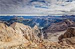 View from the Forcella Stounies from left to right Strudelkopf, Croda of Rondoi, Mount Rudo, Dreischusterspitze, Mount Paterno, Three peaks, and Mount Piana, Cortina d'Ampezzo, Belluno district, Veneto, Italy, Europe