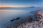 Bay of the sirens, Garda, Lake Garda, Veneto, Italy. View of Mount Pizzoccolo at twilight