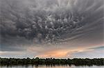 Rio negro waters depicted at sunset, with a strange cloud formation in the sky. Amazonas, Manaus, Brazil, South America.