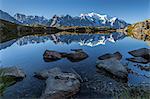 Panorama of the mountain range of Mont Blanc from Lac de Cheserys. Haute Savoie. France