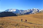 Hikers wallking along Hill of Nivolet. Gran Paradiso national park. Alpi Graie