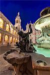 Night view of the Basilica of the Holy House and fountain decorated with statues Loreto Province of Ancona Marche Italy Europe