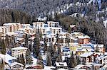 View of the alpine village of Arosa framed by snowy woods district of Plessur Canton of Graubünden Switzerland Europe