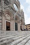 The ancient flight of steps and artistic sculptures of the facade of the historic Cathedral of Siena Tuscany Italy Europe