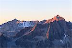 View of the Presena glacier and rocky peaks at dawn Valcamonica border Lombardy and Trentino Alto Adige Italy Europe