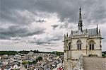 Elevated view of rooftops and Saint Hubert Chapel where Da Vinci is buried, Amboise, Loire Valley, France