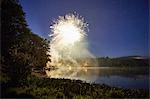 Fireworks exploding over lake at dusk