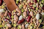 Overhead view of dried lentils, beans and barley