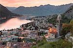 Landscape of Kotor and the bay from the fortress at sunset. Montenegro