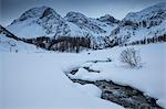 View of the winter landscape outside the village of Sertig Dorfli. Sertigtal, Graubuenden(Canton Grigioni),Prattigau(Prattigovia)/Davos, Switzerland, Europe