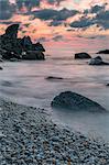 Zambrone, province of Vibo Valentia, Calabria, Italy, Europe. Sunset on the beach of Lion's rock