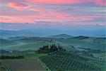 Orcia valley, Siena province, Tuscany region, Italy, Europe. Belvedere farmhouse at dawn.