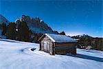 Funes valley at night, Odle Natural park in Trentino Alto Adige district, Italy, Bolzano province, Europe.