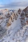 Aerial view of snowy peaks of Monte Cristallo and Forcella Staunies Ampezzo Dolomites Province of Belluno Veneto Italy Europe